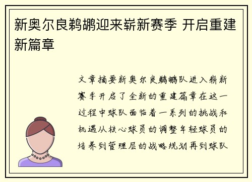 新奥尔良鹈鹕迎来崭新赛季 开启重建新篇章